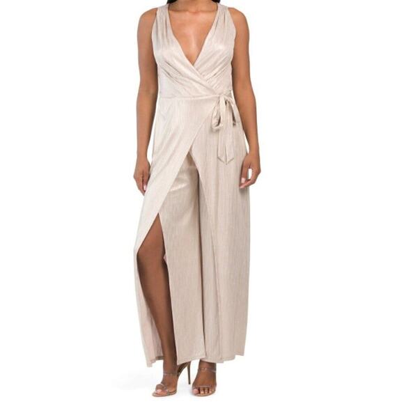 London Times Pants - New London Times Women's V-neck Wide Leg High Slits Wrap Stile Metallic Jumpsuit